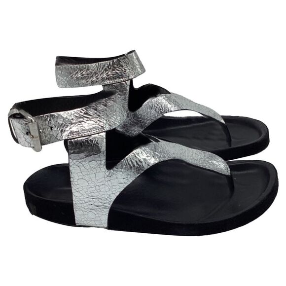 Isabel Marant Ankle Strap Flat Sandals in Metallic Silver Leather - Picture 1 of 7